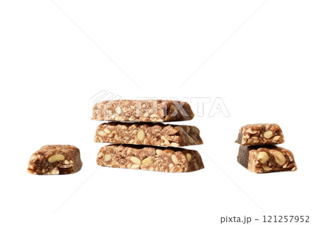 Group nuts energy bars on isolate white 121257952