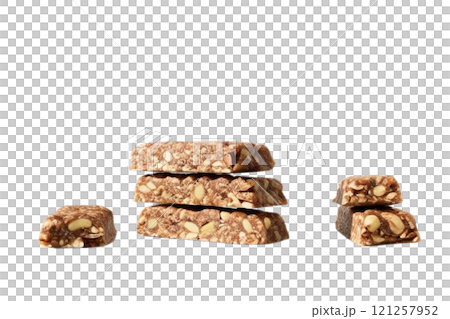 Group nuts energy bars on isolate white 121257952