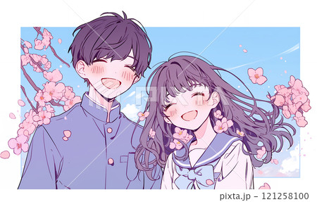 桜の花と学生の男女 121258100
