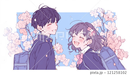 桜の花と学生の男女 121258102