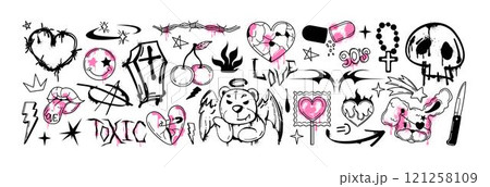 Spray paint graffiti inky bear, smile face emoji, coffin with cross and street art goth stickers Spray paint graffiti inky bear, smile face emoji, coffin with cross and street art goth stickers 121258109