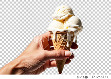 Hand holding ice cream cone isolated on the middle on isolate transparency background, PNG 121258144