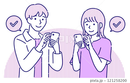 スマホで検索する若い私服の男女・シンプルでポップなベクターイラスト 121258200