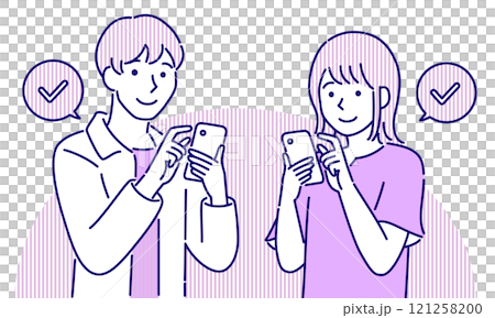スマホで検索する若い私服の男女・シンプルでポップなベクターイラスト 121258200