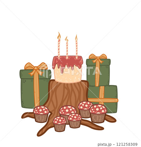 Rustic birthday cake on a tree stump surrounded by presents and cupcakes. Nature-inspired celebration with mushrooms, gifts, and candles. Whimsical vector art featuring a woodland-themed party setup 121258309