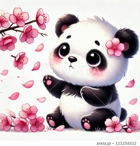 Cute panda surrounded by blooming cherry blossoms and falling petals on a white background. Watercolor illustration for design 121258522