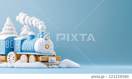 Gingerbread train with icing details on a blue background, festive holiday design. 121258560