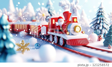Festive holiday train surrounded by snowy landscapes and Christmas decorations, creating a magical scene Festive holiday train surrounded by snowy landscapes and Christmas decorations, creating a magical scene 121258572