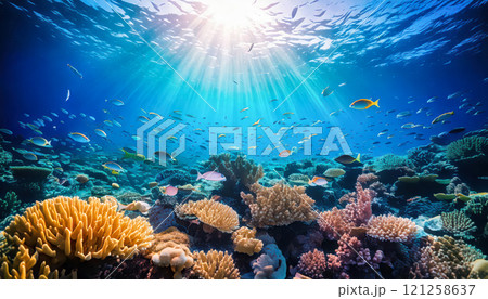 Underwater world with many fishes. AI Generated Underwater world with many fishes. AI Generated 121258637