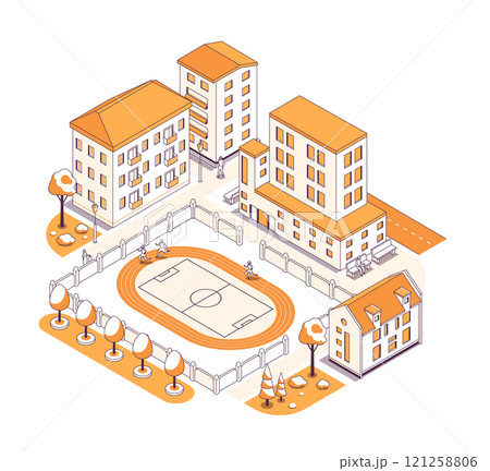 Sports stadium behind the fence - vector isometric illustration 121258806