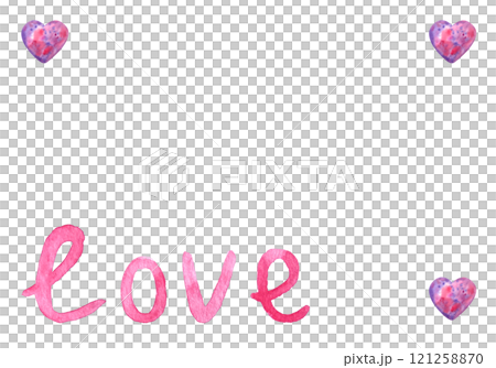 Word love hand written with watercolors with purple hearts in corners, horizontal frame isolated on white. Hand painted illustration. Perfect St Valentine day, for love cards, posters. Pink and purple 121258870