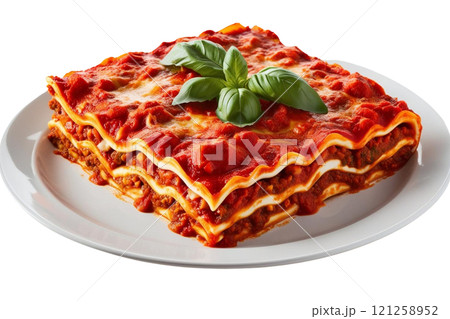 lasagna with sauce and basil on plate on isolate transparency background, PNG  lasagna with sauce and basil on plate on isolate transparency background, PNG  121258952