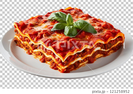 lasagna with sauce and basil on plate on isolate transparency background, PNG  lasagna with sauce and basil on plate on isolate transparency background, PNG  121258952