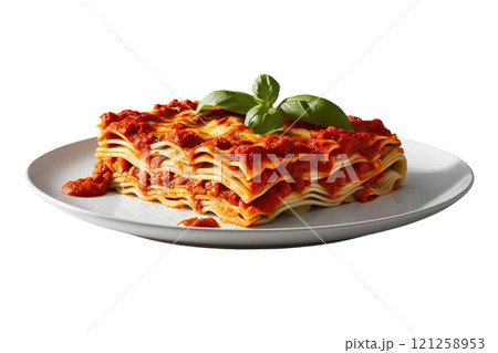 lasagna with sauce and basil on plate on isolate transparency background, PNG  lasagna with sauce and basil on plate on isolate transparency background, PNG  121258953