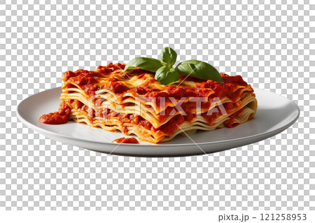 lasagna with sauce and basil on plate on isolate transparency background, PNG  lasagna with sauce and basil on plate on isolate transparency background, PNG  121258953