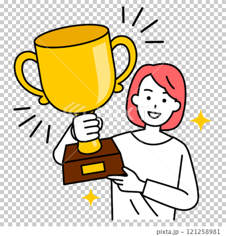Casual woman holding a gold trophy 121258981