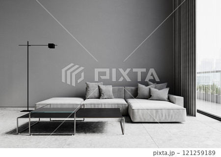 Contemporary minimalism gray interior with sofa, coffee tables and terrazzo tile. 3d render illustration mockup. Contemporary minimalism gray interior with sofa, coffee tables and terrazzo tile. 3d render illustration mockup. 121259189