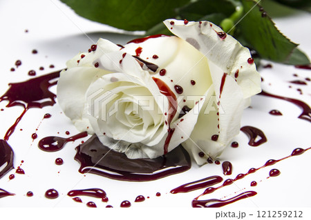Beautiful and bloody white rose on the white background. Bloody rose - conceptual photo. White rose with blood. Beautiful and bloody white rose on the white background. Bloody rose - conceptual photo. White rose with blood. 121259212