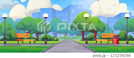 Summer city park with benches and trees 121259298