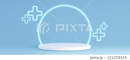 3d white cylinder podium with health care symbol 121259324