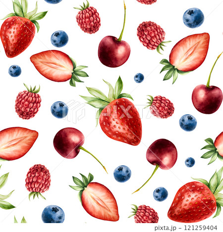 Seamless pattern with strawberry, raspberry and blueberry. Hand painting sweet watercolor illustration isolated on background. For designers, menu, shop, decoration, restaurant, for postcards Seamless pattern with strawberry, raspberry and blueberry. Hand painting sweet watercolor illustration isolated on background. For designers, menu, shop, decoration, restaurant, for postcards 121259404