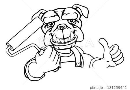 Bulldog Painter Decorator Paint Roller Mascot Man Bulldog Painter Decorator Paint Roller Mascot Man 121259442