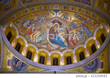 Ornate interior of the Church of Saint Sava, Serbian Orthodox church in Belgrade, Serbia Ornate interior of the Church of Saint Sava, Serbian Orthodox church in Belgrade, Serbia 121259581