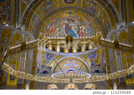 Ornate interior of the Church of Saint Sava, Serbian Orthodox church in Belgrade, Serbia 121259589