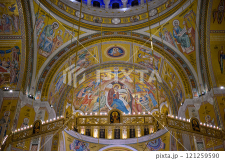 Ornate interior of the Church of Saint Sava, Serbian Orthodox church in Belgrade, Serbia 121259590