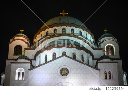 Night view of Saint Sava church, one of the biggest Orthodox Christian churches in the world in Belgrade, Serbia 121259594