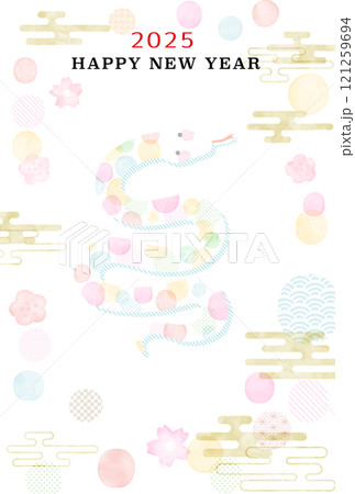 2025お正月 年賀状 水彩　梅と桜と水玉と和柄の蛇イラスト 121259694