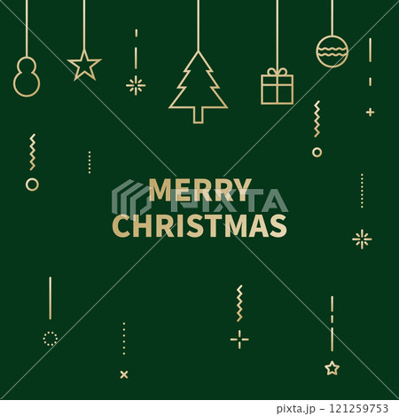 A Christmas card decorated with gold ornaments against a deep green background. 121259753