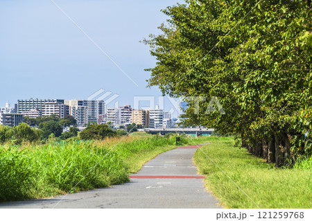 夏の多摩川　川沿いに建ち並ぶ住宅と緑豊かな河川敷の風景【東京都・大田区－神奈川県・川崎市】 121259768