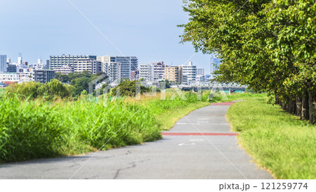 夏の多摩川　川沿いに建ち並ぶ住宅と緑豊かな河川敷の風景【東京都・大田区－神奈川県・川崎市】 121259774