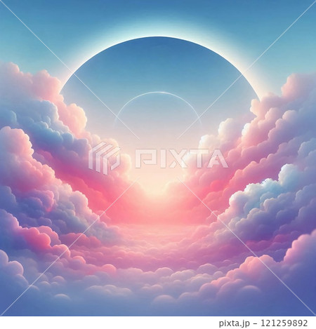 The image depicts a stunning sky filled with fluffy, colorful clouds in shades of pink, purple, and blue, creating a dreamy and serene atmosphere. The sky transitions from a warm pink to a cool blue, The image depicts a stunning sky filled with fluffy, colorful clouds in shades of pink, purple, and blue, creating a dreamy and serene atmosphere. The sky transitions from a warm pink to a cool blue, 121259892