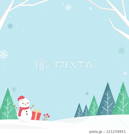 Illustration of Snowy winter background with trees and snowman. 121259951