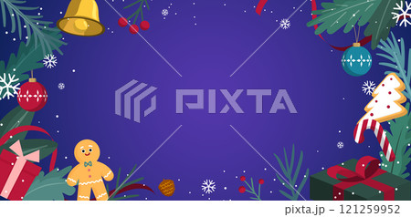 A frame illustration of a Christmas tree decoration with a purple background. 121259952
