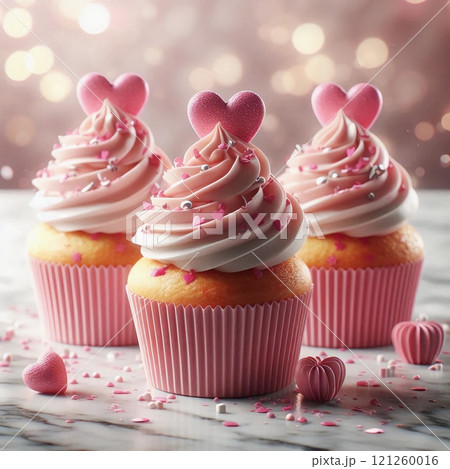 Three delicious cupcakes with pink frosting and heart-shaped decorations on a marble top, perfect for Valentine's Day or romantic occasions. 121260016