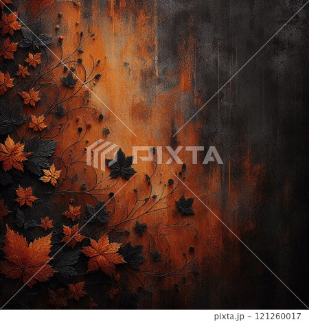 Beautiful fall leaves in various shades of orange and red against a textured background 121260017