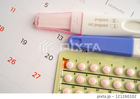 Pregnancy test for female of ovulation day, fetus, maternity, childbirth, birth control. 121260102