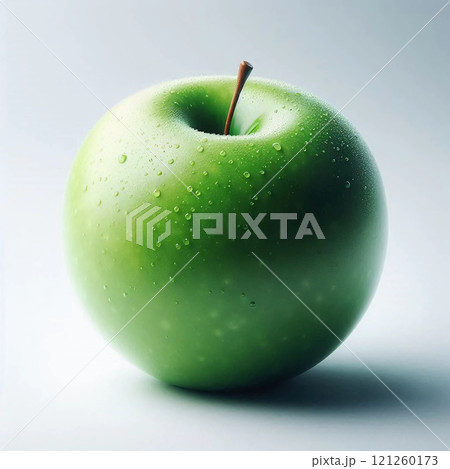 Close-Up of a Fresh Green Apple with Water Droplets on Its Surface Against a White Background, Highlighting Its Juicy and Crisp Texture, Perfect for Healthy Eating Concepts 121260173