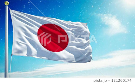 雪が降る冬の青空を背景に、はためく日本国旗のクローズアップ CGイラスト 121260174