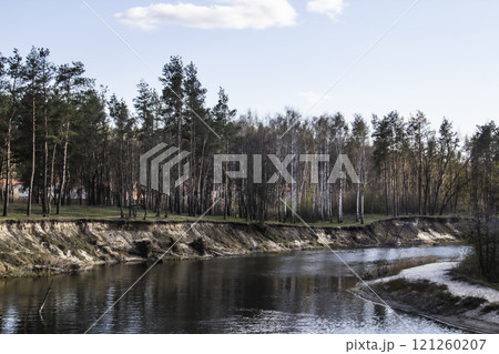 Ukranian landscape in the forest. Pine forest with a river name Psel in city Sumy. Pine trees on a river bank in Ukraine. Beautiful river called Psel Ukranian landscape in the forest. Pine forest with a river name Psel in city Sumy. Pine trees on a river bank in Ukraine. Beautiful river called Psel 121260207