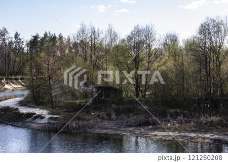 Ukranian landscape in the forest. Pine forest with a river name Psel in city Sumy. Pine trees on a river bank in Ukraine. Beautiful river called Psel. Old, ruined gazebo near the river with a bonfire 121260208