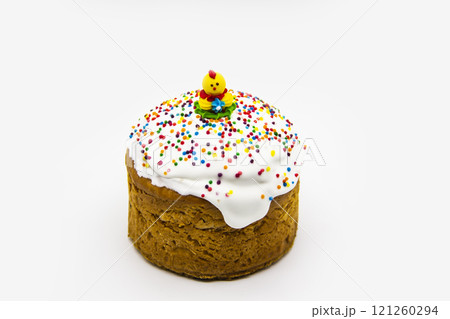 Ukrainian and Russian traditional Kulich or Paska against white background. Easter Paska or Easter Cake. Ukrainian and Russian traditional Kulich or Paska against white background. Easter Paska or Easter Cake. 121260294