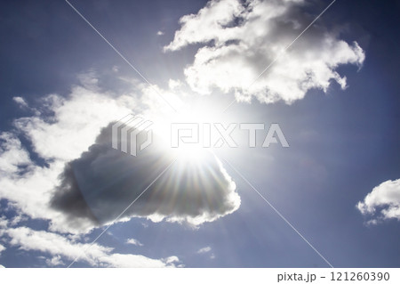 Clouds in the blue sky with a sun light. A miracle Gods light against background. Pattern from clouds in the sky. 121260390