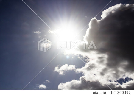 Clouds in the blue sky with a sun light. A miracle Gods light against background. Pattern from clouds in the sky. Clouds in the blue sky with a sun light. A miracle Gods light against background. Pattern from clouds in the sky. 121260397
