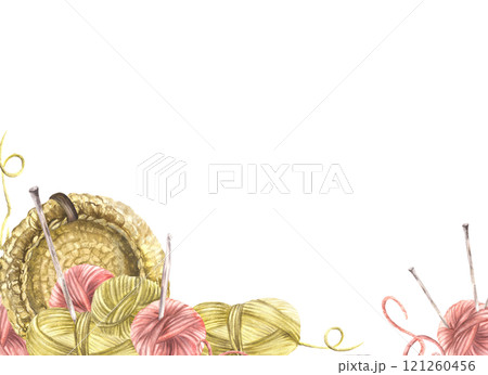 Balls of yarn with handmade basket and knitting needles banner. Pastel Coloured Skein of hobby knitting thread label, card frame template. Watercolor hand drawn illustration isolated from background Balls of yarn with handmade basket and knitting needles banner. Pastel Coloured Skein of hobby knitting thread label, card frame template. Watercolor hand drawn illustration isolated from background 121260456