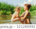 mom and child swim in the river 121260492
