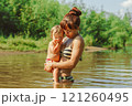 mom and child swim in the river 121260495